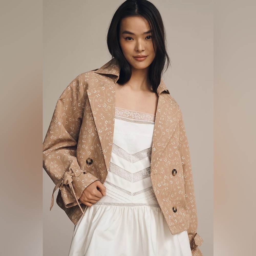 NWT! By Anthropologie Floral Cutwork Crop Trench Jacket - Picture 2 of 8